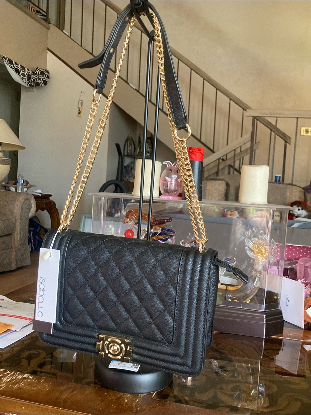 Black Quilted Shoulder Bag with Gold Chain Strap
